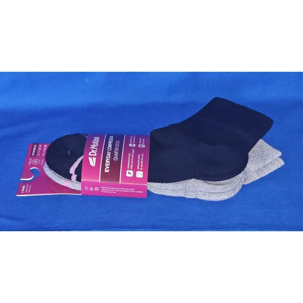 NWT Dr. Motion Everyday Compression Quarter Socks 2 Pr Womens Sz 9-11 Black/Gray